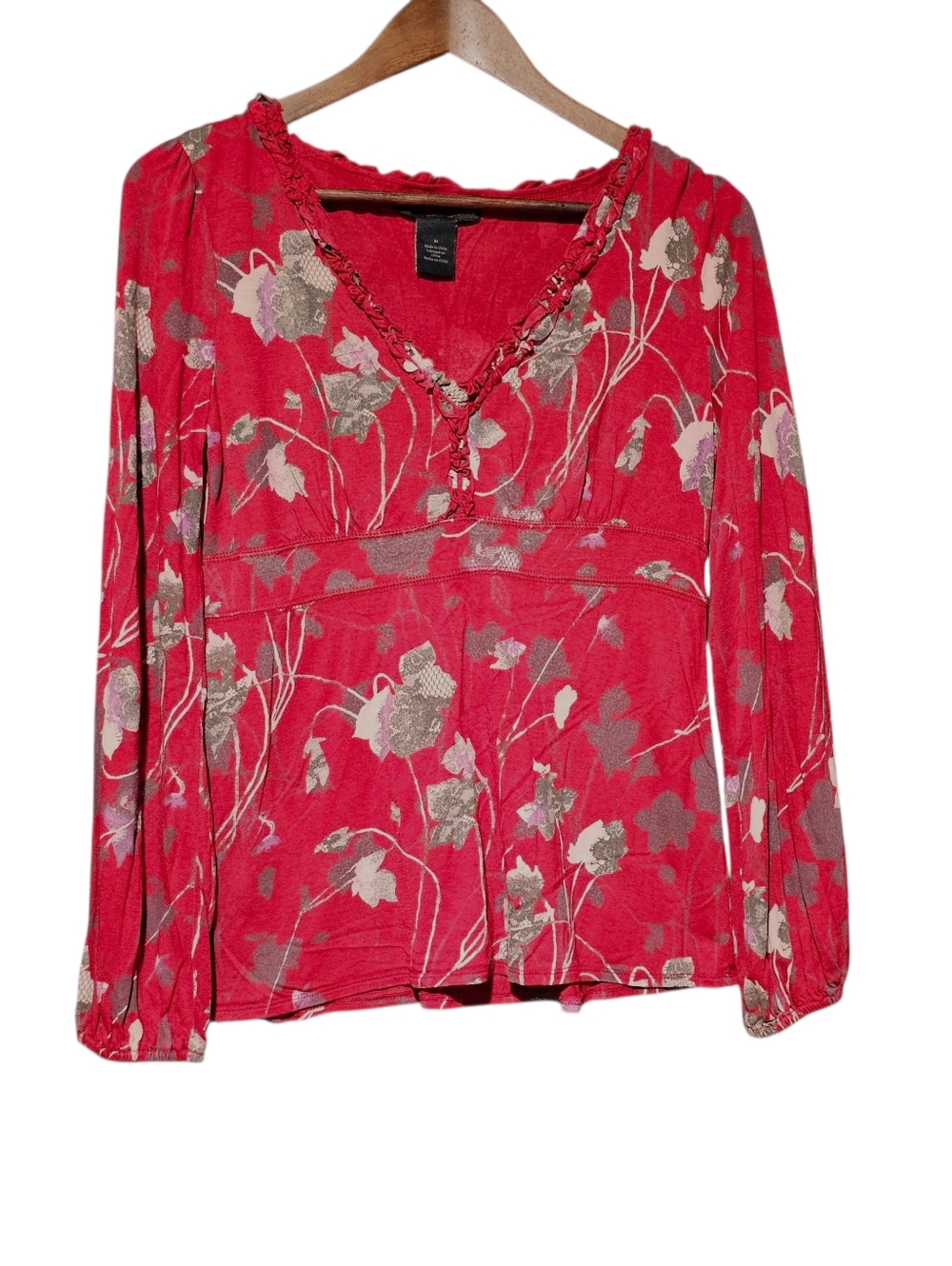 Calvin Klein Jeans Red Floral V-Neck Blouse M Long Sleeve Ruffle Trim Top